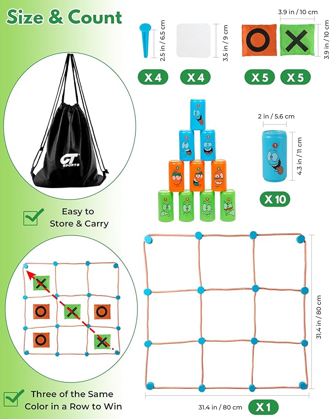 2-in-1 Giant Tic Tac Toe and Can Toss Game - Outdoor Games for Kids & Family, Backyard and Indoor Party Game Set with Bean Bags & Storage Bag
