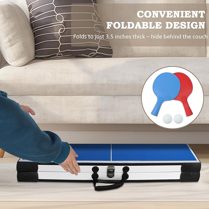 Seydrey 5.5x3ft Foldable & Portable Ping Pong Table, Folding Indoor Table Tennis w/ 2 Paddles, 2 Balls and Net