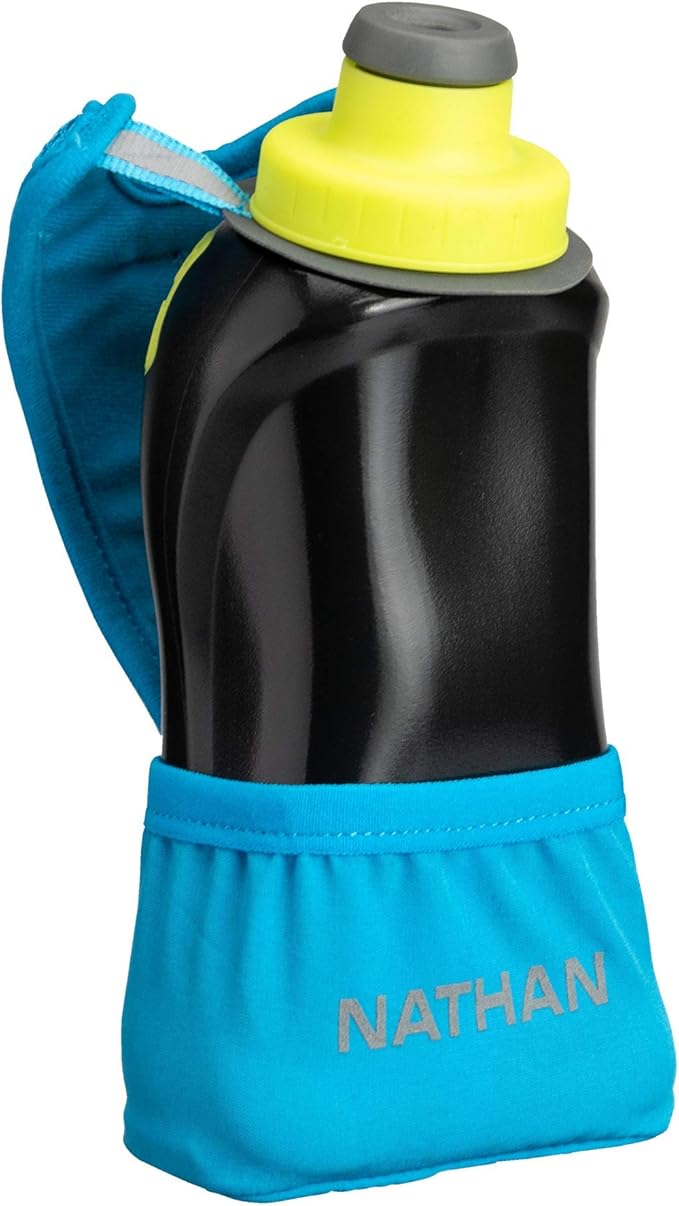 Nathan Running Handheld Water Bottle Adjustable No-Grip Quick Squeeze Lite Hand Strap. 12 oz Insulated Water Bottle. Reflective Hydration