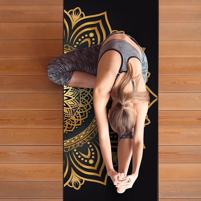 Colorful Star Large Yoga Towel with Corner Pockets, Non Slip Grip Dots Sweat Absorbent Hot Yoga Mat Towels, Yoga Blankets with Travel Bag, Mat Cover for Workout, Gym, Fitness - 74"x26", Gold Mandala