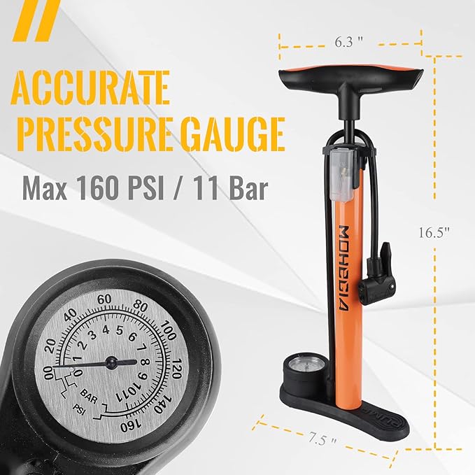MOHEGIA Bike Floor Pump with Gauge: Air Bicycle Pump with High Pressure 160 PSI,Fits Schrader and Presta Valve -Inflator with Ball Pump Needles for MTB Road Bike, Ball, Balloon, Inflatables