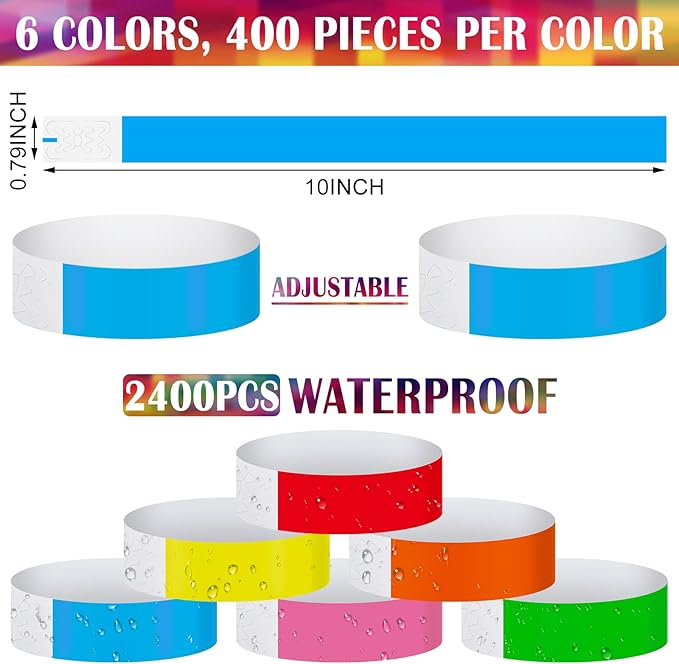 Tudomro 2400 Pack Neon Paper Wristbands Bulk - Waterproof, Lightweight, Adhesive - Concert, Events, Party for Hand Wrist Arm Identification(Multicolor)