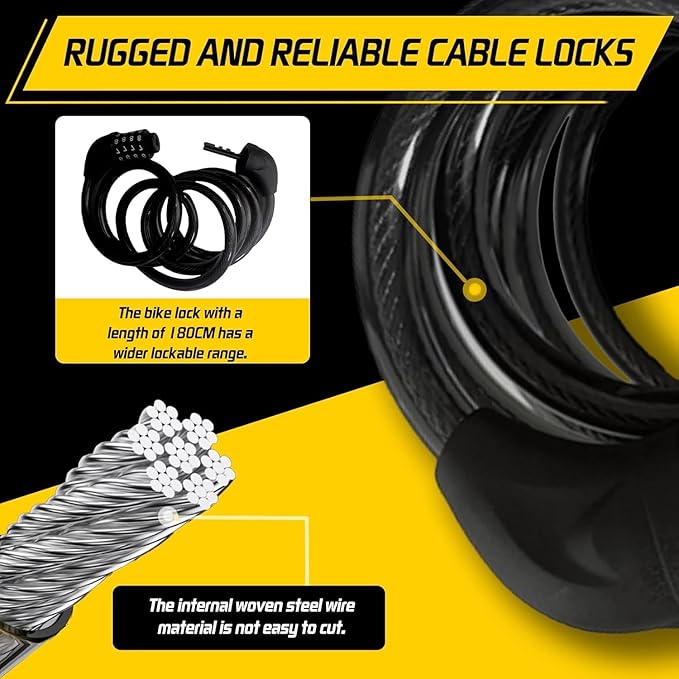 Bike Cable Lock, 4 Digit Resettable Combination Lock, 6FT Long Heavy Duty Steel Cable with Waterproof Vinyl Coating Anti Theft Security Lock for Road Bike E-Bike Scooter Fence Gate Toolbox