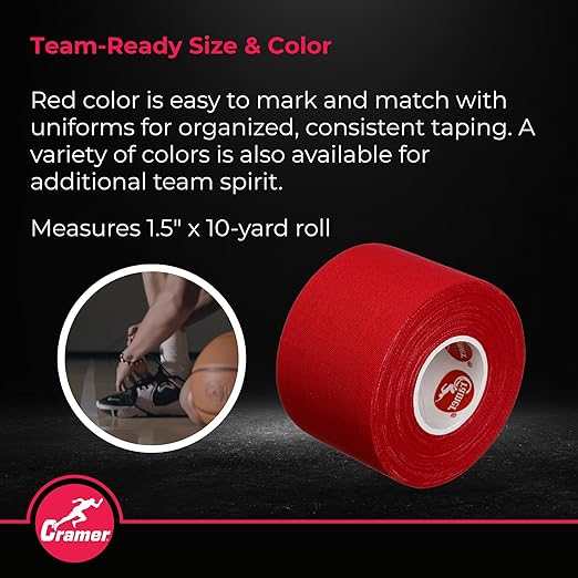 Cramer Team Color Athletic Tape, Red, For Ankle, Wrist, and Injury Taping, Helps Protect and Prevent Injuries, Promotes Faster Healing, Athletic Training First Aid Supplies, 1.5", Bulk 32 Roll Case