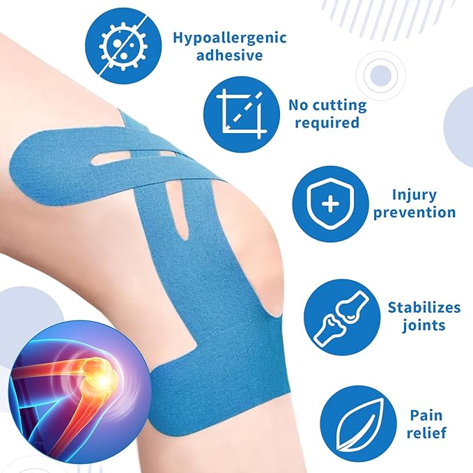 10PCS Kinesiology Tape for Knees, Kinesiology Tape Precut Strips for Knee Support & Stability, Waterproof Breathable Elastic Sports Tape for Pain Relief, Athletic Tape for Muscle & Joint, Blue
