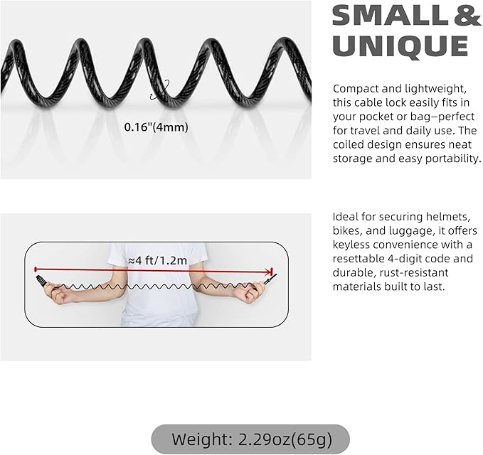 Small Combo Bike Lock Cable, Retractable Combination Cable Lock with Code, for Travel Safe Luggage, Suitcase, Scooter Ebike Bicycle Motorcycle Helmet Anti Theft, Outdoor Ski Snowboard