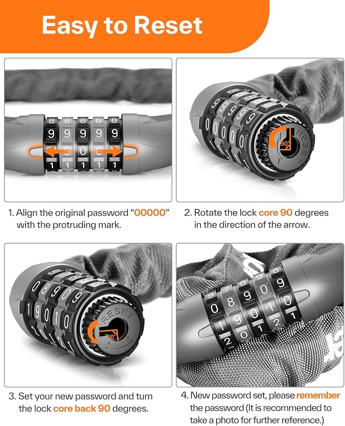 Sportneer Bike Lock: 5 Digit Combination High Security Anti Theft Bike Chain Lock - 3.2/3.6/4ft Heavy Duty Keyless Bicycle Lock for Bike, Motorcycle, Scooter, Door & Gate - 4/6mm Thick, Easy to Use