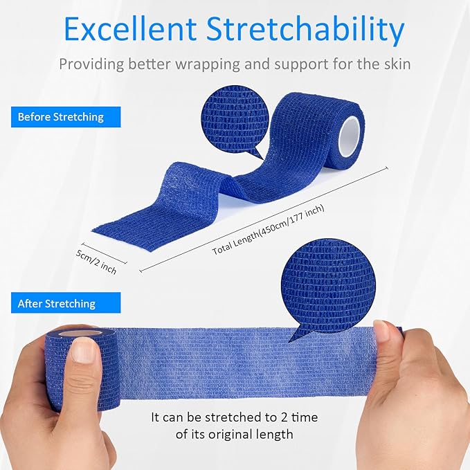 24 Pack Self Adherent Cohesive Wrap Bandages Non Woven Cohesive Bandage Elastic Self Adhesive Bandage Wrap Sports Athletic Tape First Aid Tape for Wrist Ankle Pet Vet Wrap Grip Cover 2 inch (Blue)