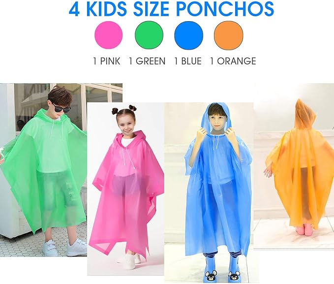 Ponchos for Kids, Disposable Rain Ponchos Multi-Colored Raincoat for Camping Hiking Traveling Backpacking for Boys Girls, 4 Pack