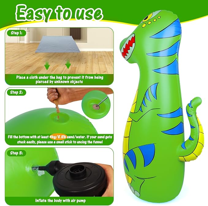 Punching Bag for Kids 47" Inflatable Dinosaur Bop Bag with Thicker Material Instant Bounce Back with Boxing Gloves Karate Kickboxing Taekwondo Kids Gift for Age 3-9 Girls & Boys