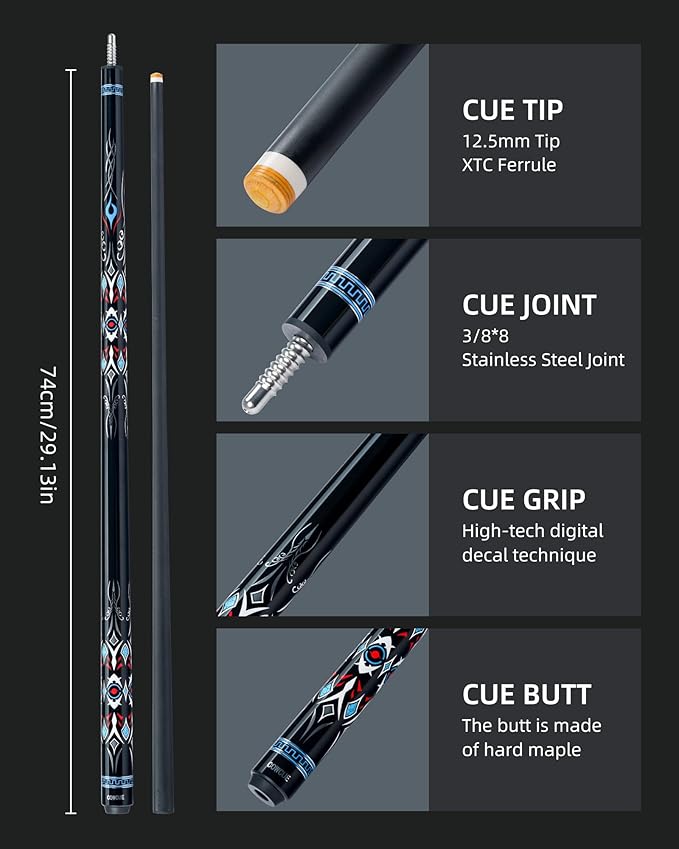 CRICAL Carbon Fiber Pool Cue COWCUE Series Low Deflection Billiards Cue Stick 58" Professional Pool Table Sticks for Adults -12.5mm Tip, Weight 19OZ (Adjustable), 3/8 * 8 Joint