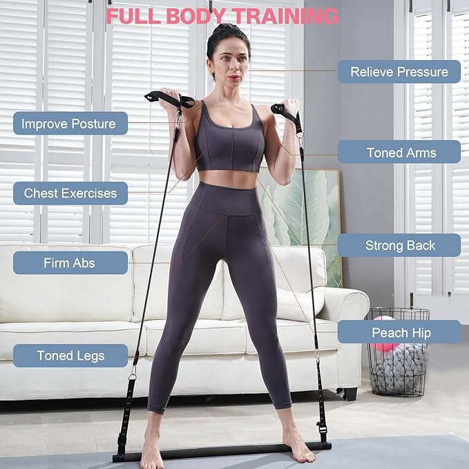 Pilates Bar Kit with Resistance Bands, Multifunctional Pilates Bar with 3 Set Exercise Resistance Bands, Portable Pilates Equipment for Women Home Gym Yoga Workouts