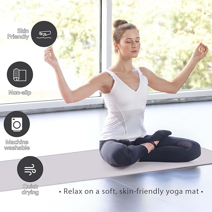 Peryiter 2pack 72 x 24'' Hot Yoga Towel Pack with Grip Dot, Sticky Fiber Mat Towels Non Slip for Hot Yoga, Absorbent Microfiber Sweat Anti-Slip Cover for Pilates Exercise Fitness Workout(Light Grey)
