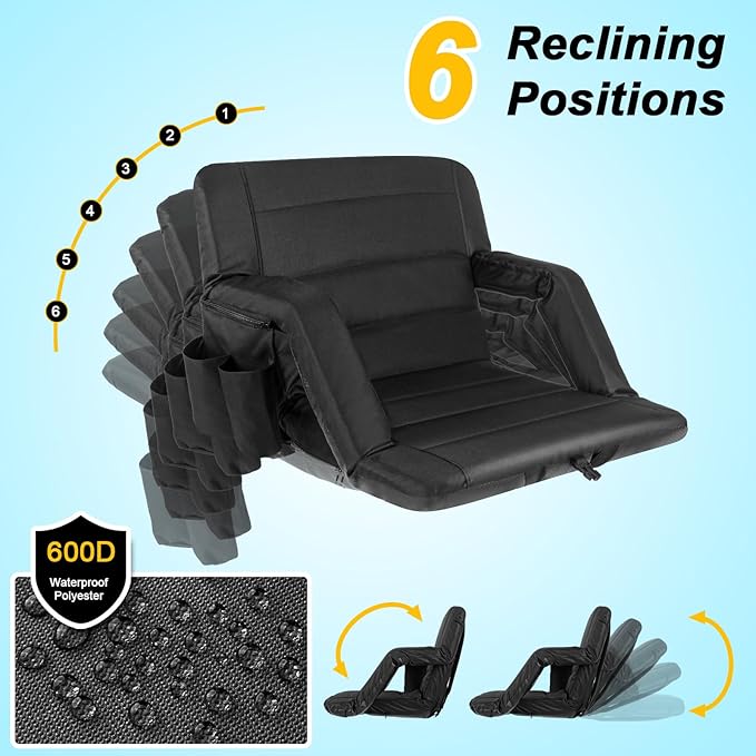 Stadium Seats with Back Support Wide, Exclusive Bleacher Chairs with Back and Cushion Folding Stadium Chairs, 6 Reclining Positions Waterproof Bleacher Seats with 2 Hooks (Wide|22.5" Black)
