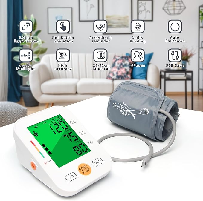 Blood Pressure Monitor Upper Arm Blood Pressure Machine for Home Use BP Cuff Kit, Large 3-Color 3.4'' Display with Backlight,Pulse Rate Detection Meter with Cuff 22-42cm/2×99 Sets Memory (White)