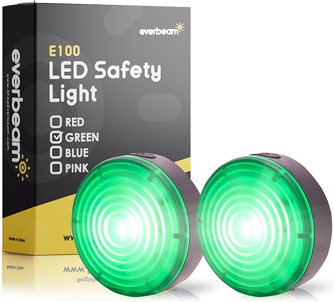 Everbeam E100 LED Safety Lights for Walking at Night - Waterproof Bike LED Light Excellent for Runners, Cycling, Dog Walking, Kayaking-Bright Clip On LED Light, Many Straps for Wearing - 2 Pack, Green