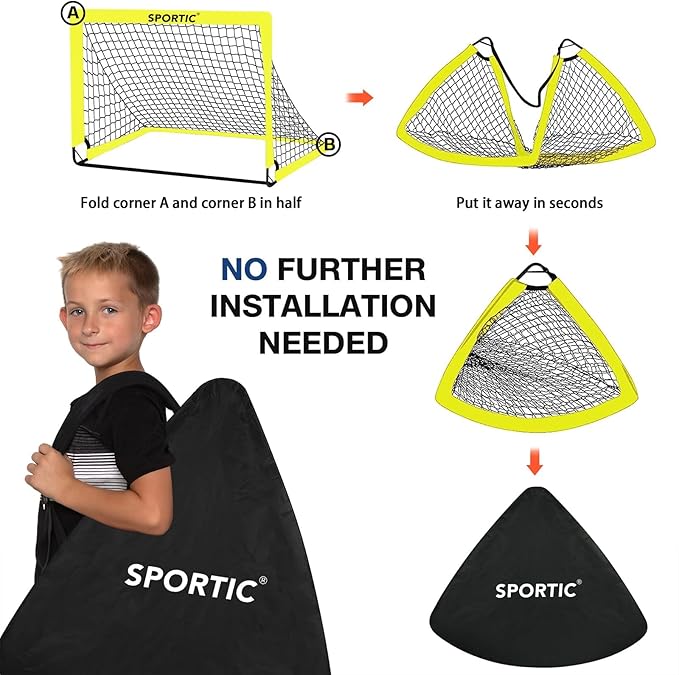 2 Pack 4' x 3' Soccer Goal Net Set, Pop Up Kids Practice Soccer Goals for Indoor and Outdoor.Portable Soccer Net with Carrying Bag & Ground Pegs, Perfect for Backyard, Field, Court