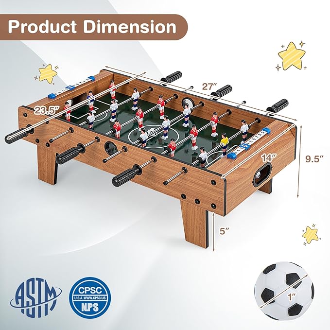 RELAX4LIFE 27’’ Tabletop Foosball Table, Portable Compact Soccer Table Game Set w/2 Balls & Score Keeper, Arcade Table Football for Home Family Game Room Pub Party, Mini Foosball Table for Kids Adults