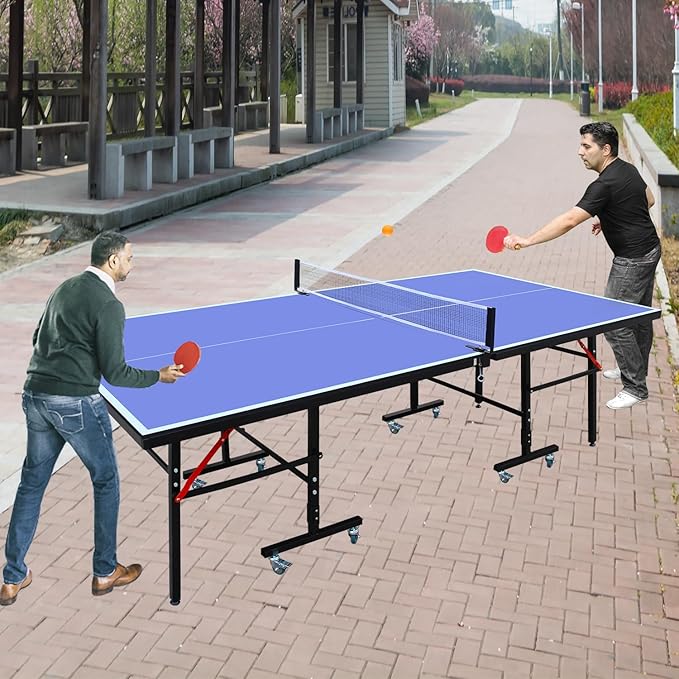 Professional Table Tennis Table, Foldable Ping Pong Game Set for Indoor, 8FT 9FT Single Player Playback Mode Ping Pong Table with Net and Post Set, 2 Paddles and 3 Balls