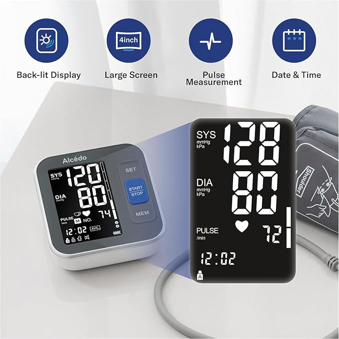 Alcedo Blood Pressure Monitor for Home Use, Automatic Digital BP Machine with Large Cuff for Upper Arm (Black Backlit Screen)