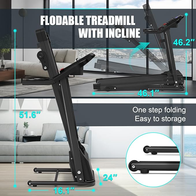 FYC Compact Folding Treadmill for Home - 2.5HP Quiet Brushless Motor, 3-Level Incline, 7.5 MPH, Shock Absorption, Space-Saving Design for Running, Walking - Treadmill for Small Spaces & Home Use