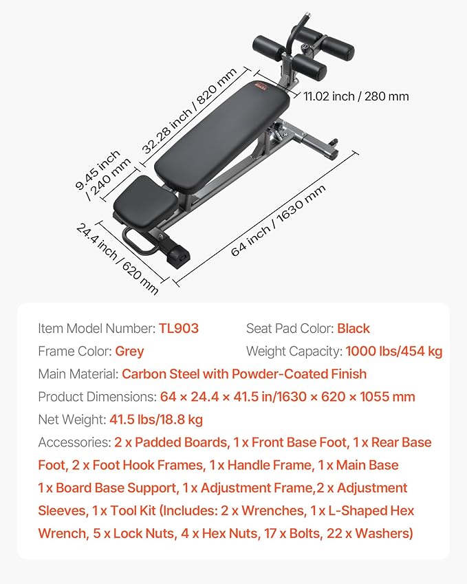 VEVOR Sit Up Bench, Decline Ab Bench with Reverse Crunch Handle, Adjustable Height Setting, Heavy Duty Steel, 500/600/1000 Lbs Capacity for Home Gym Workouts, Strength Training, Full Body Muscles