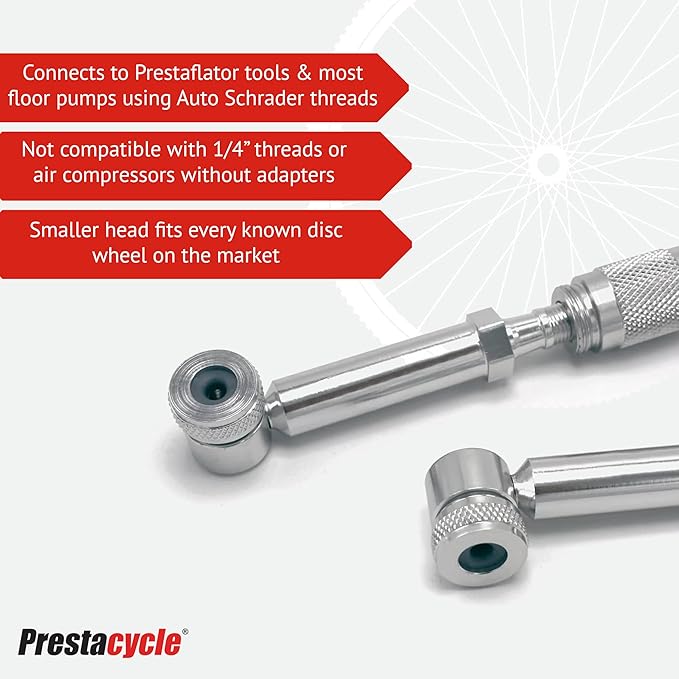 Prestacycle Disc Wheel Mini Presta Head – Compact Alloy Presta Valve Adapter with Urethane Gasket – For Prestaflator & Floor Pumps – Fits All Disc Wheels – Schrader Thread Compatible