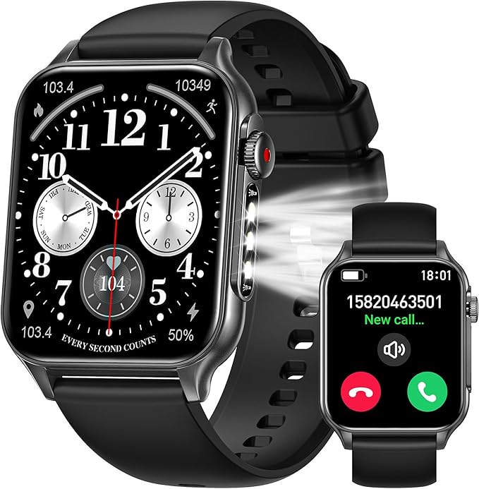Smart Watches for Women Men (Answer/Make Call) with LED Flashlight, 1.96" HD Touch Screen Fitness Tracker with Heart Rate Sleep Monitor, Waterproof Smartwatch with 100+ Sports Modes