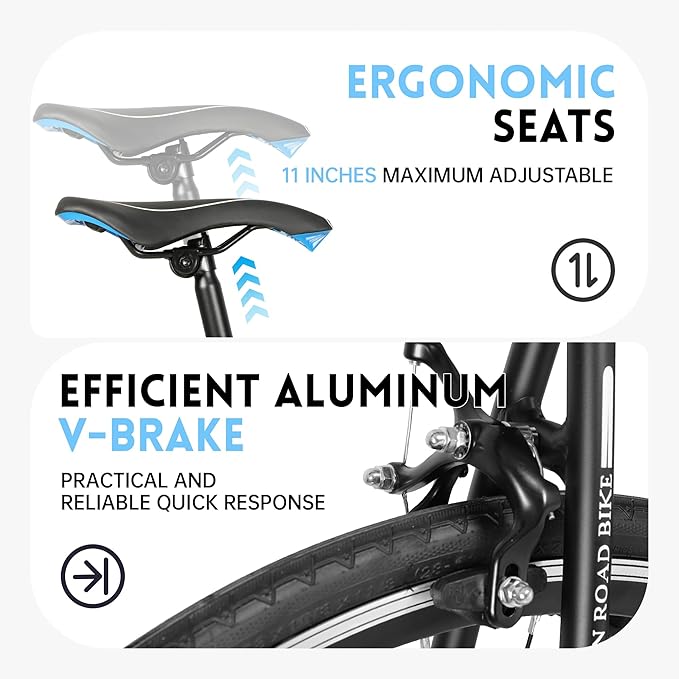 Road Bike 14-21Speed 700C Wheel with Light Aluminum Alloy Frame Commuter Bicycle with Dual Disc/V Brakes for Women and Men Black,White,Blue,Red