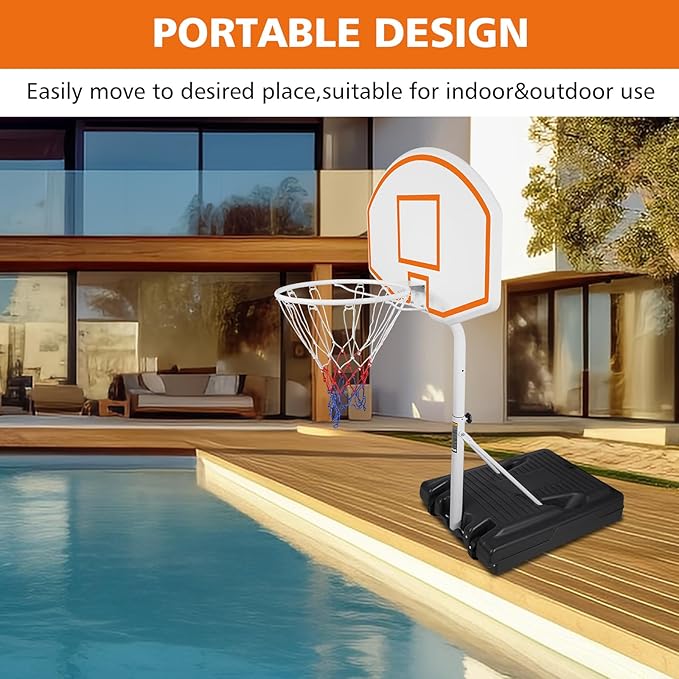 Pool Basketball Hoop, Adjustable Poolside Basketball Hoop with Wheels, Outdoor Height Adjustable Swimming Pool Basketball Goal Set, Perfect for Swimming Pool & Home Play
