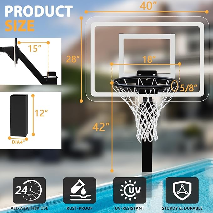 PROGOAL Aluminum Shot and Dunk Poolside Basketball Hoop - In Ground Removable Rust-Resistant Adjustable Height Pool Basketball Game System with Clear Backboard 1/2 Springs Rim and Three Balls