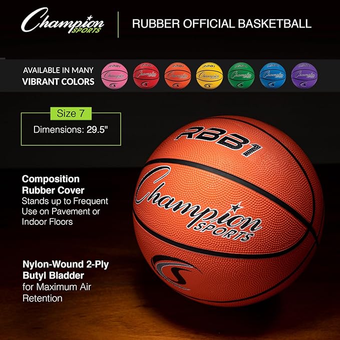 Champion Sports Rubber Basketballs – Heavy Duty Pro-Style, Indoor/Outdoor Use, Premium Basketball Equipment for Physical Education, Various Sizes & Colors (Size 3, 5, 6, 7)
