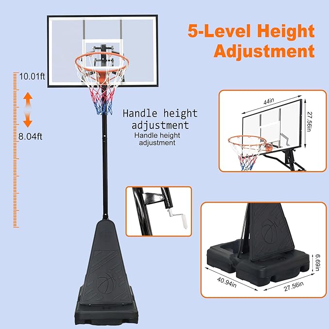 Basketball Hoop Outdoor 8.04-10FT Height Adjustable, Portable Basketball Goal with 44 Inch Shatterproof Backboard, Heavy-Duty Base & Wheels for Youth,Teens,Adults in Backyard,Driveway,Indoor