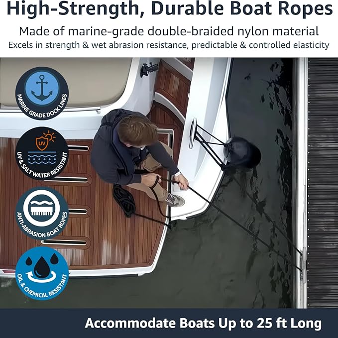 2 Pack 3/8" x 15' Dock Lines - Marine Grade Nylon Boat Rope with 12" Loop for Docking and Mooring - Double Braided Boat Lines, High Strength, Easy Handling, Fray Resistant - Black