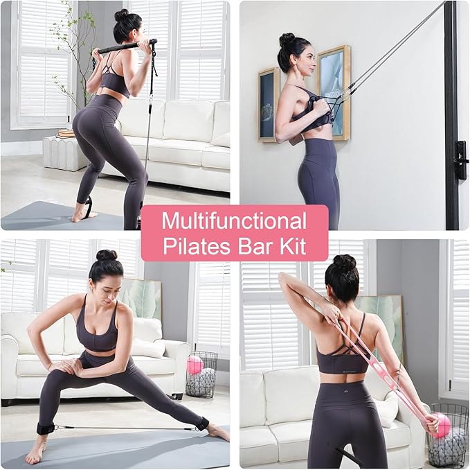 Pilates Bar Kit with Resistance Bands, Multifunctional Pilates Bar with 3 Set Exercise Resistance Bands, Portable Pilates Equipment for Women Home Gym Yoga Workouts