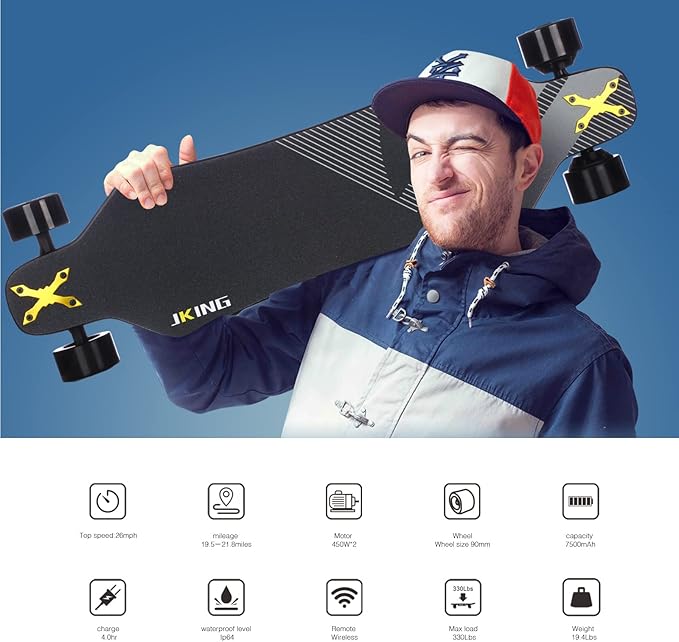JKING Electric Skateboard Electric Longboard with Remote Control Electric Skateboard,900W Hub-Motor,26 MPH Top Speed,21.8 Miles Range,3 Speed Adjustment,Max Load 330 Lbs,6 Months Warranty
