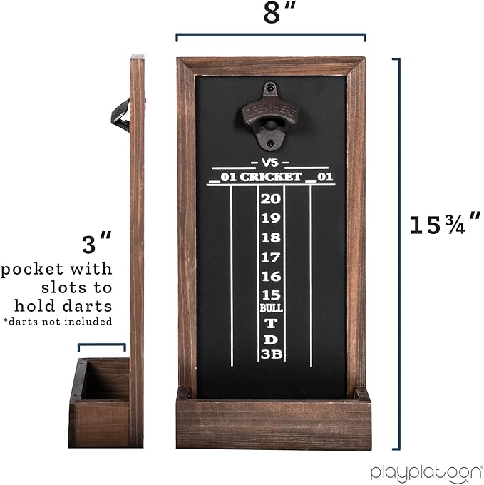 Play Platoon Dart Scoreboard & Darts Holder Wall Mount with Bottle Opener - Wood Score Board, Professional Darts Accessories, Dart Holder