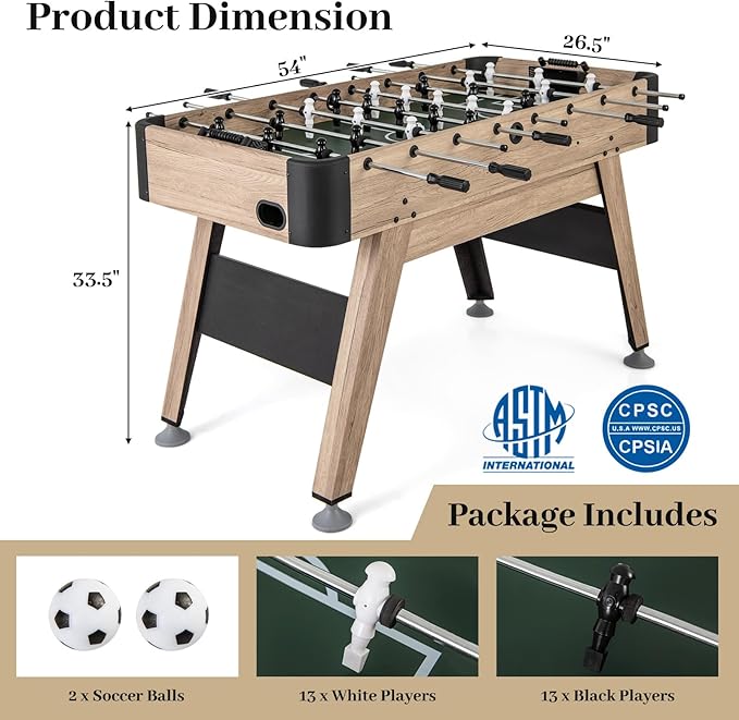 Giantex 54 Inch Foosball Table - Wood Football Table Competition Sized, Arcade Soccer Game Table with 2 Balls, Full Size Foosball Table Adult Size for Kids Teens, Home, Game Room, Oak