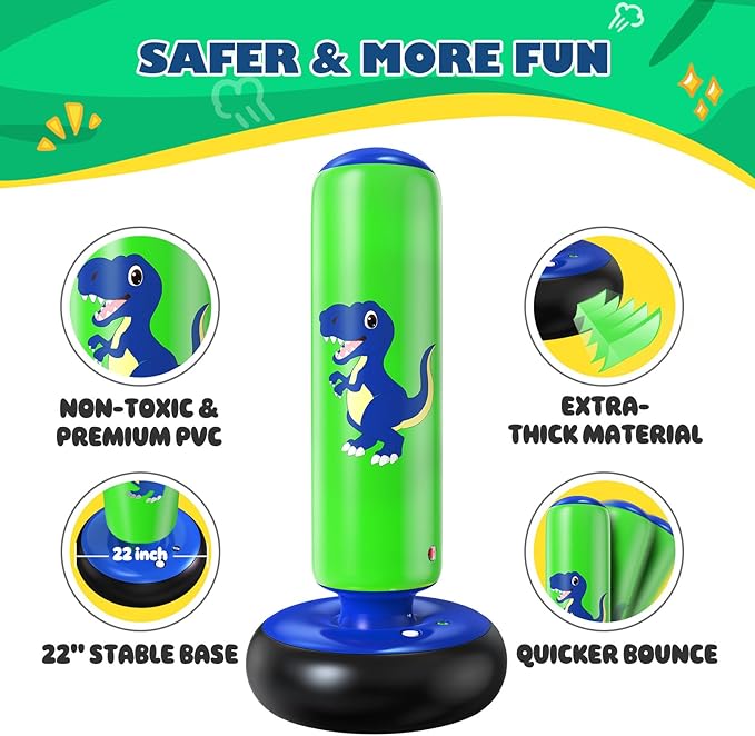 QPAU Inflatable Punching Bag, 48 Inch Stable Inflatable Boxing Bag for 3-6 Kids,Dinosaur Toy & Gifts for Boys and Girls, Kids Boxing Set for Practicing Karate, Taekwondo