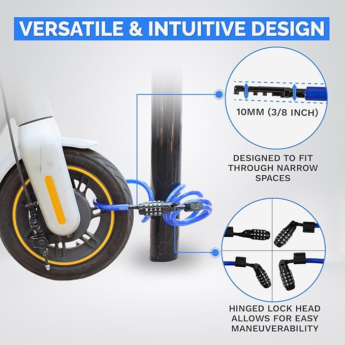 DockLocks Security Cable Lock Set (4' or 6') Coiled, Keyless Resettable Combination, Mounting Bracket, Portable and Compact for Bikes, Scooters 4ft