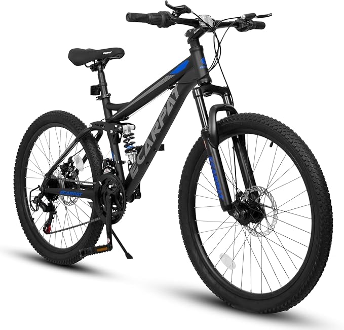 24/26/27.5 Inch Mountain Bike, Dual Full Suspension 21 Speed Womens Mens Mountain Bikes, Commuter Bike with Carbon Steel Frame and Dual Disc Brakes