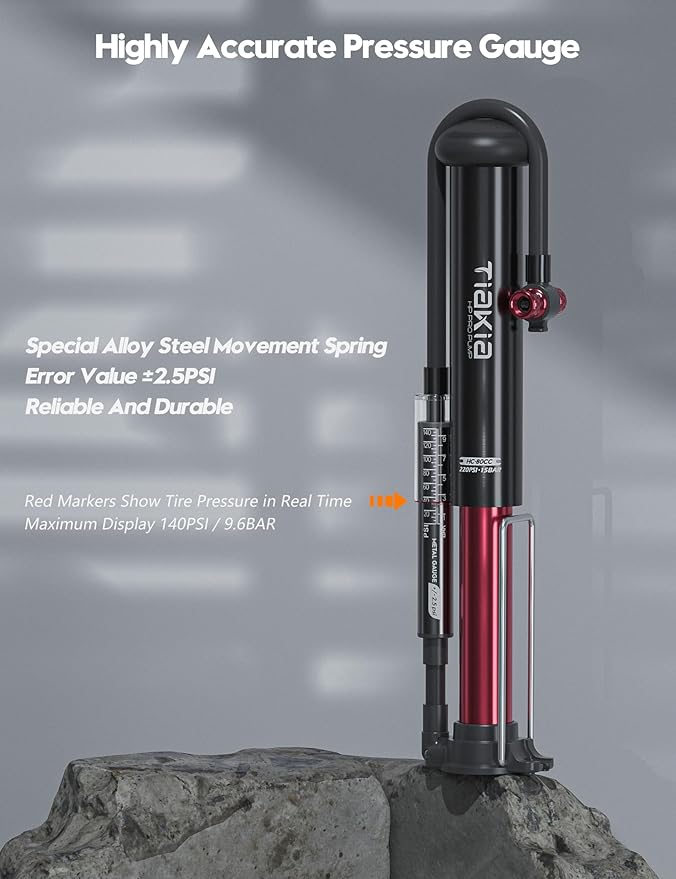 Tiakia Bike Pump with Gauge, High Pressure Bicycle Pump High Volume Portable Hand Air Pump Fit Presta, Schrader Valves Aluminum Bike Tire Pump for Mountain Road Bike, Strollers, Balls