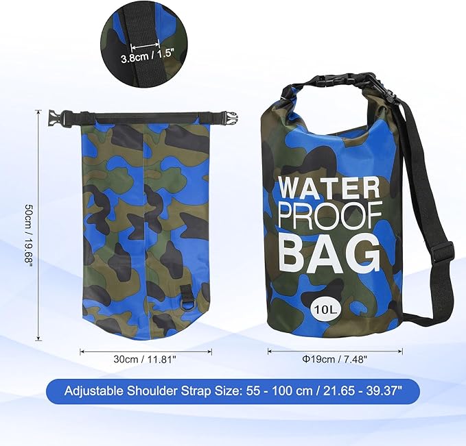 Waterproof Dry Bag, 10L Fit for Women Men Water Proof Bags Lightweight Dry Storage Floating Backpack with Whistle for Travel Boating Kayaking (Dark Blue Camouflage)
