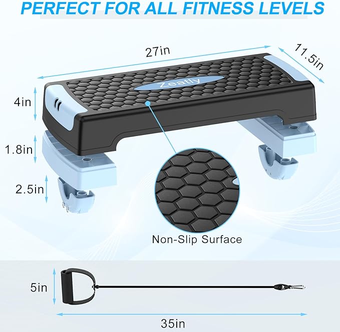 4-in-1 Adjustable Aerobic Step Platform (4"/6") - Workout Stepper with Resistance Bands, Non-Slip Balance Board - Home Gym Equipment for Step Training, Cardio, Pilates & Physical Therapy