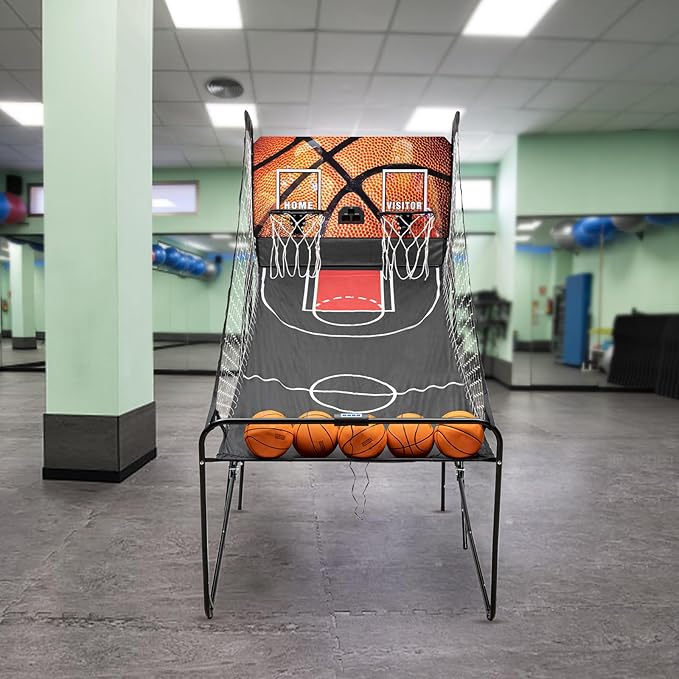 Dual Hoop Basketball Arcade Game, 8 Game Modes Foldable Shot 2Player w/ 5 Balls, Inflation Pump and LED Scoring System, Indoor Basketball for All Players, Home, Playground, Shopping Malls