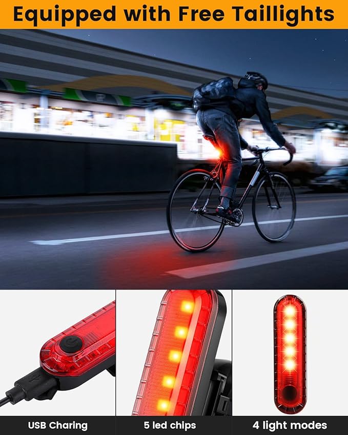 Bright Bike Light for Night Riding, USB Rechargeable Bicycle Light, Bicycle Headlight Set, Daytime Running Light, Waterproof Bike Headlight and Taillight for Adult Kid Mountain MTB Off-Road Cycling