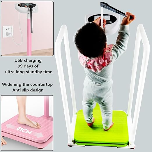 Armrest Electronic Medical Height and Weight Scale,20" L x 12" W x34 H, Up to 420lb Weight Capacity, 75” Height Measurement, LCD Display, USB Charging, Temperature Display (Lotus Root Pink)