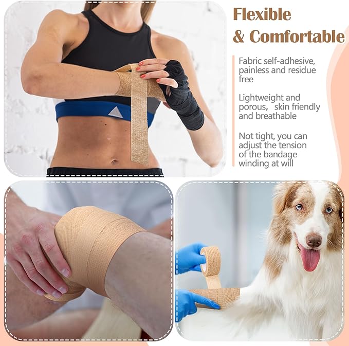 Treela 64 Pack 1" x 5 Yards Self Adhesive Cohesive Bandage Wraps, Elastic Breathable Athletic Tape, Flexible Self Adherent Bandage Rolls for Wrist, Ankle, Fingers, Sports & Pets (Beige)