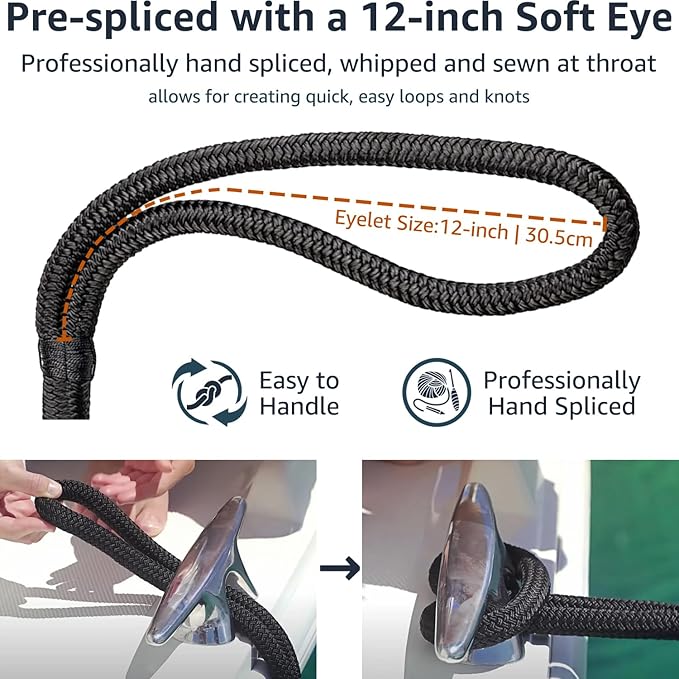 2 Pack 3/8" x 15' Dock Lines - Marine Grade Nylon Boat Rope with 12" Loop for Docking and Mooring - Double Braided Boat Lines, High Strength, Easy Handling, Fray Resistant - Black