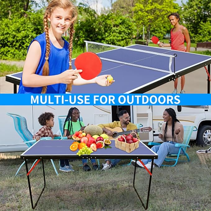 Ping Pong Table Foldable Table Tennis Table with Net, Table Tennis Paddles and Balls, 4.5FT/6FT/9FT MDF Multi-Use Family Game Table for Kid Teenager Adult, Compact & Portable